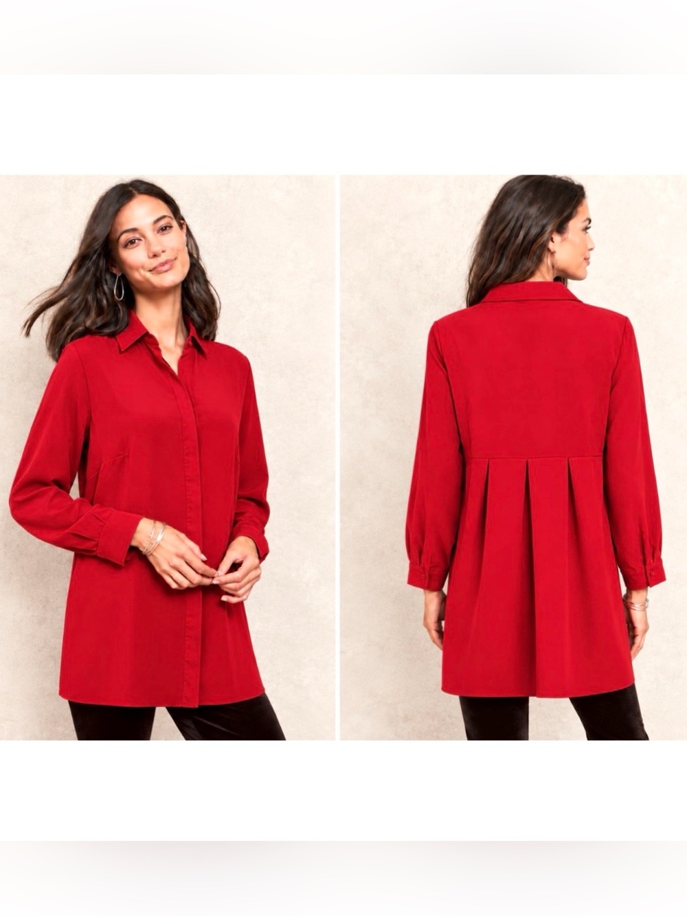 CHICOS FESTIVE RED SHIRT TUNIC M/L DRAPEY BACK PLEATS NO IRON TRAVEL ELEGANT LN